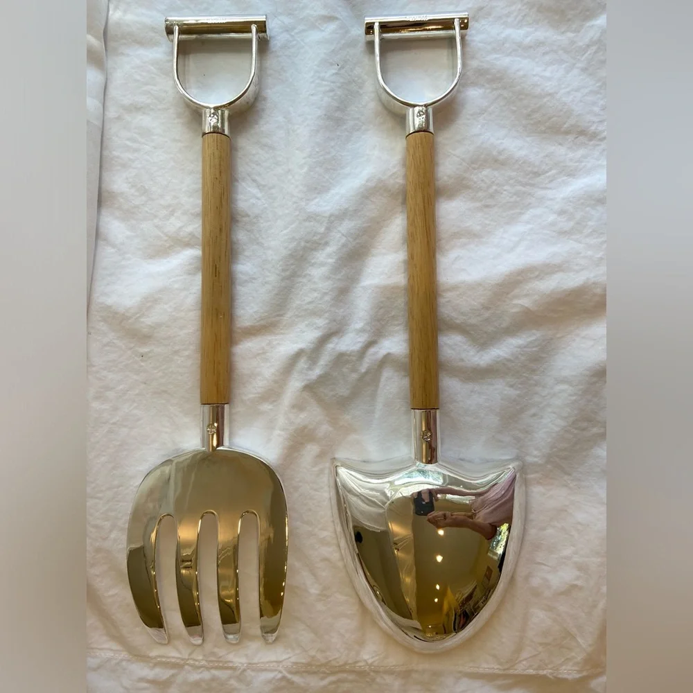 Godinger Salad Serving Set in Light Wood and Silver playful design shovel & Rake
